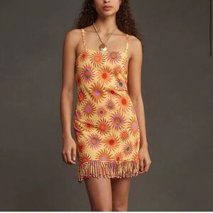 Farm Rio Anthropologie Slim Fringe Mini Dress Sun Motif Yellow Size XL NWT